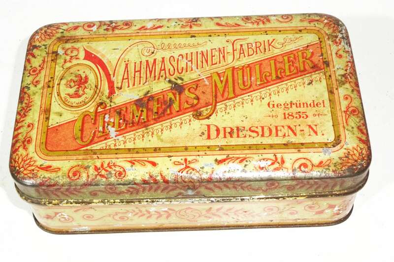 Alte Blechdose Nähmaschinen Fabrik Clemens Müller Dresden um 1910