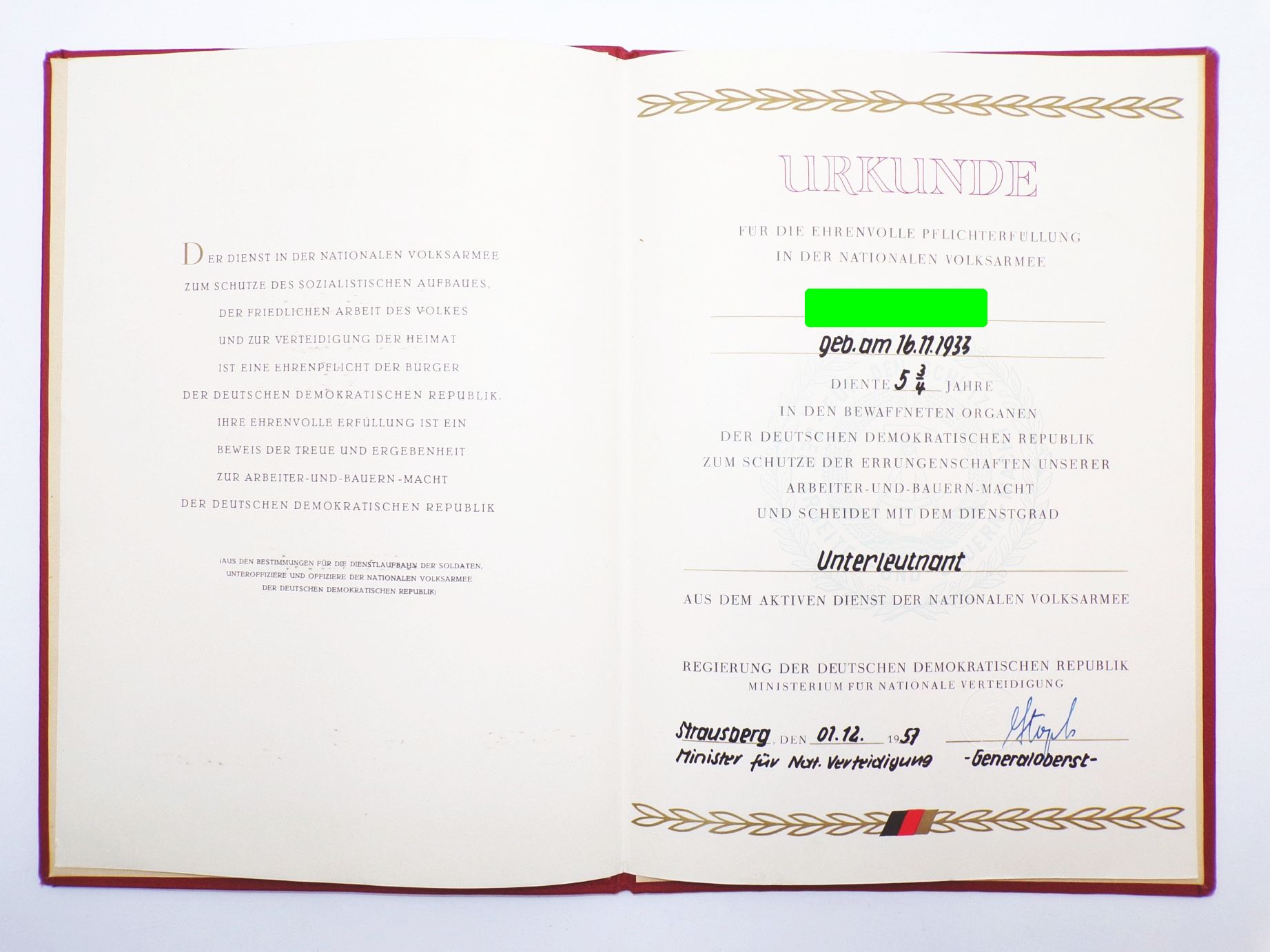 Alte Urkunde Unterleutnant Ausscheidung NVA Autograph Willy Stoph 1957