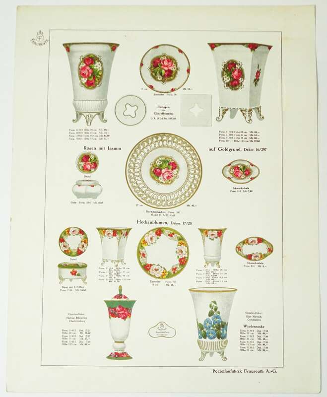 Druck Porzellan Fraureuth AG Rosen mit Jasmin aus Katalog Muster Print Vintage 