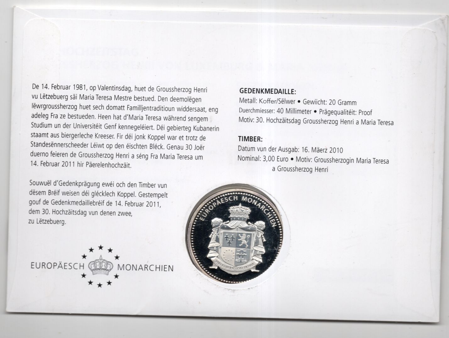 Numisbrief Grossherzog Henri Maria Teresa 2011 Luxemburg Numisbrief Grossherzog Henri Maria Teresa 2011 Luxemburg
