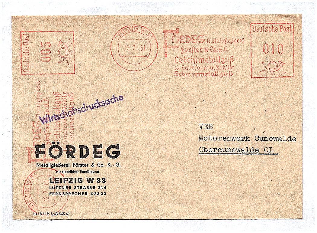 Wirtschaftsdrucksache Fördeg Metallgießerei an VEB Motorenwerk Cunewalde 1961