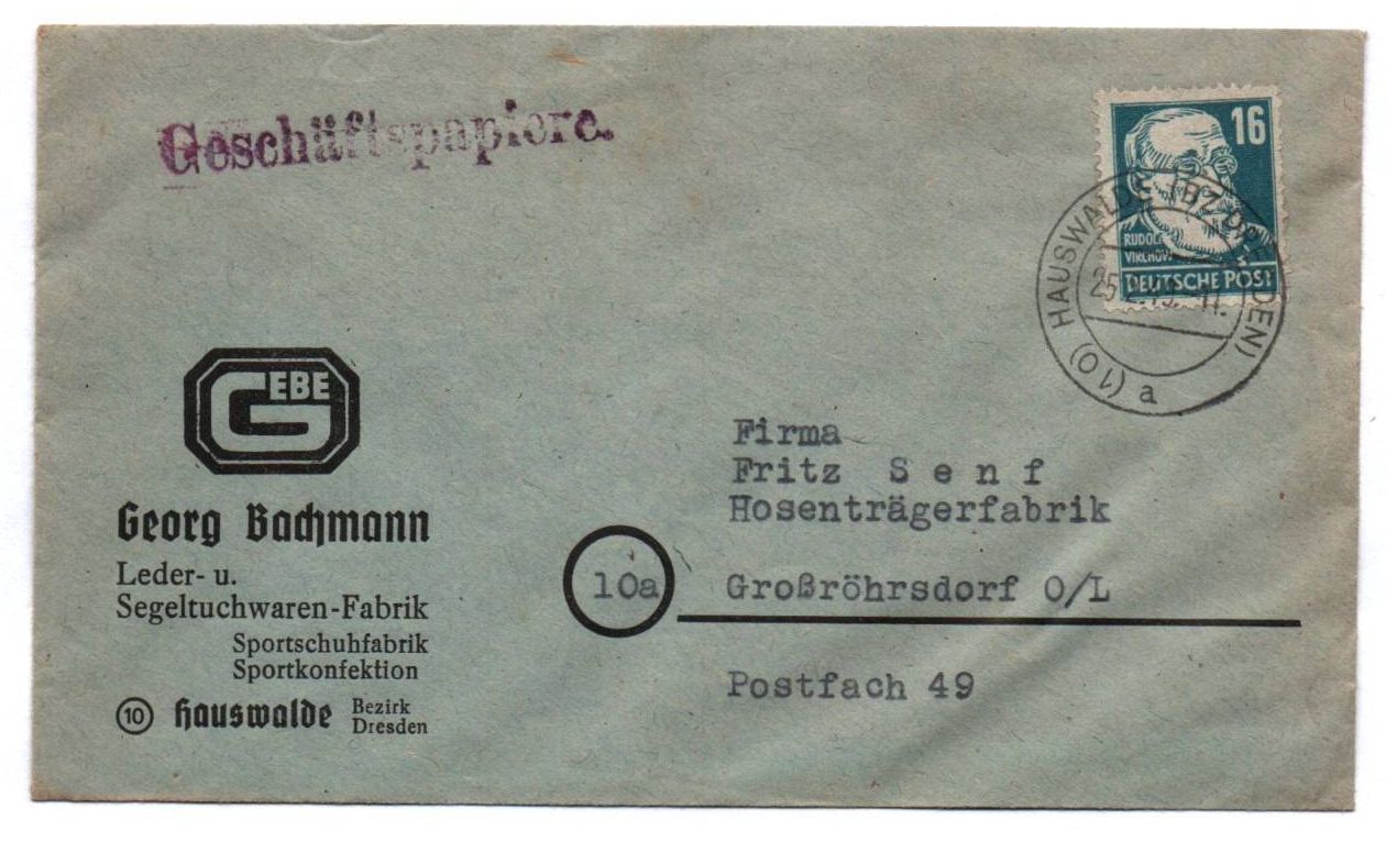 Firmen Brief Georg Bachmann Leder Segeltuchwaren Fabrik Hauswalde Bz Dresden 1949