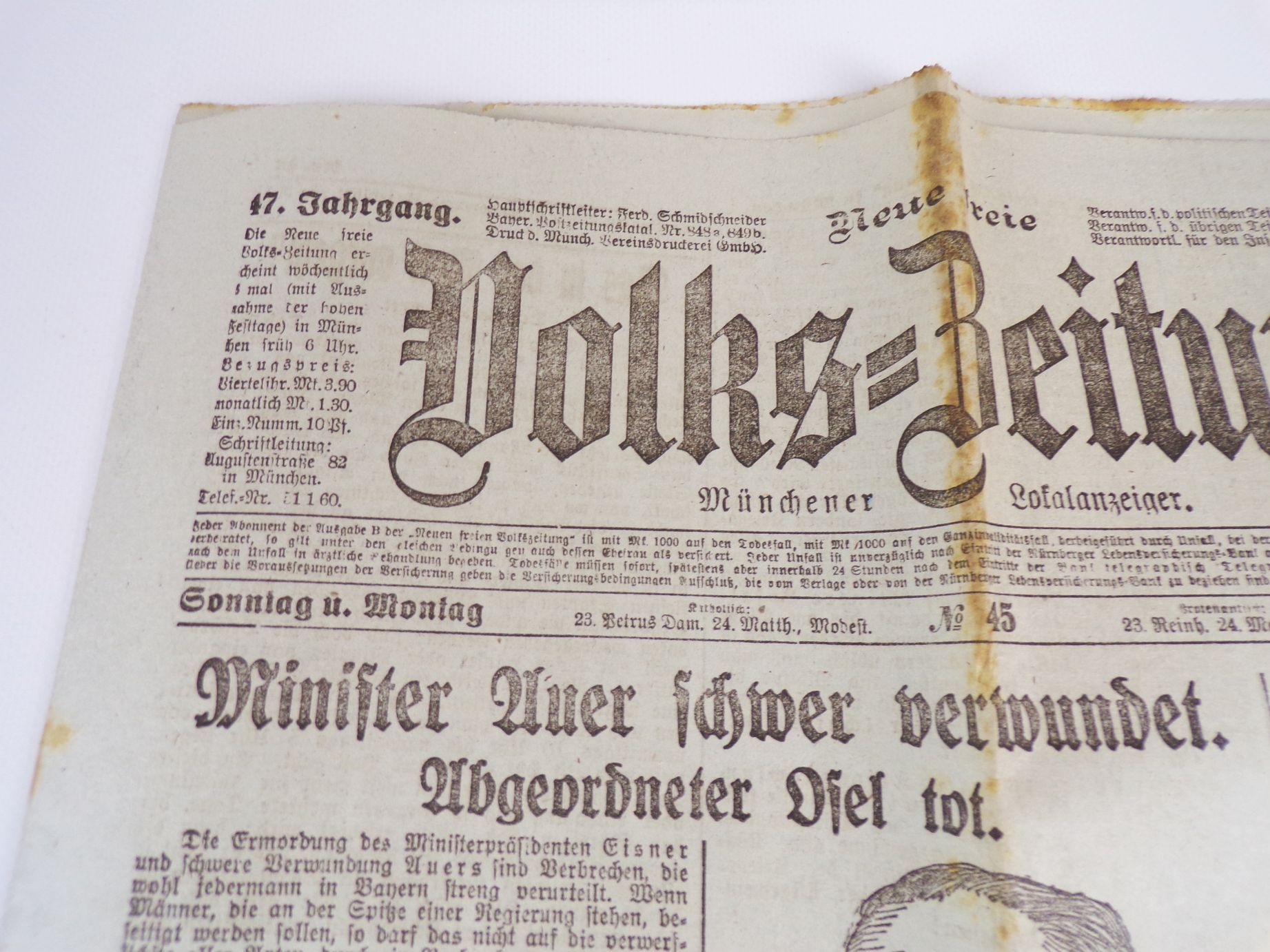 Volkszeitung 1919 Minister Auer schwer verwundet Osel tot Eisner ermordet Volkszeitung 1919 Minister Auer schwer verwundet Osel tot Eisner ermordet
