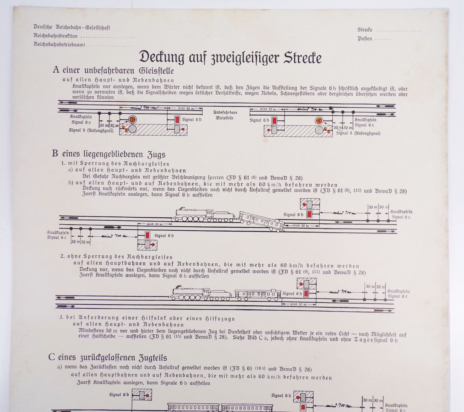 Altes Schild Reichsbahn Merkblatt Deckung auf zweigleisiger Strecke 1934 Berlin
