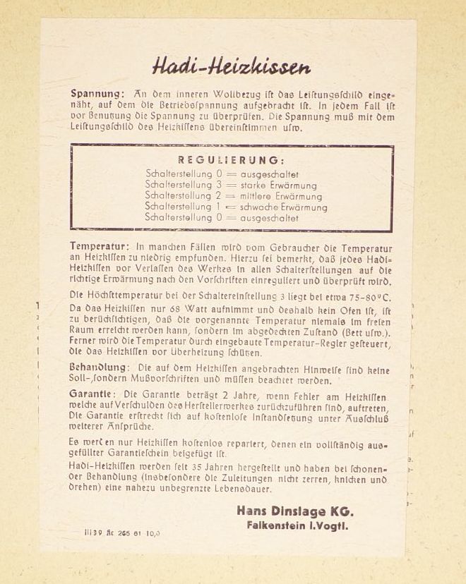 Altes Hadi Heizkissen 220 V 60 W 1961 mit Originalkarton Reklame