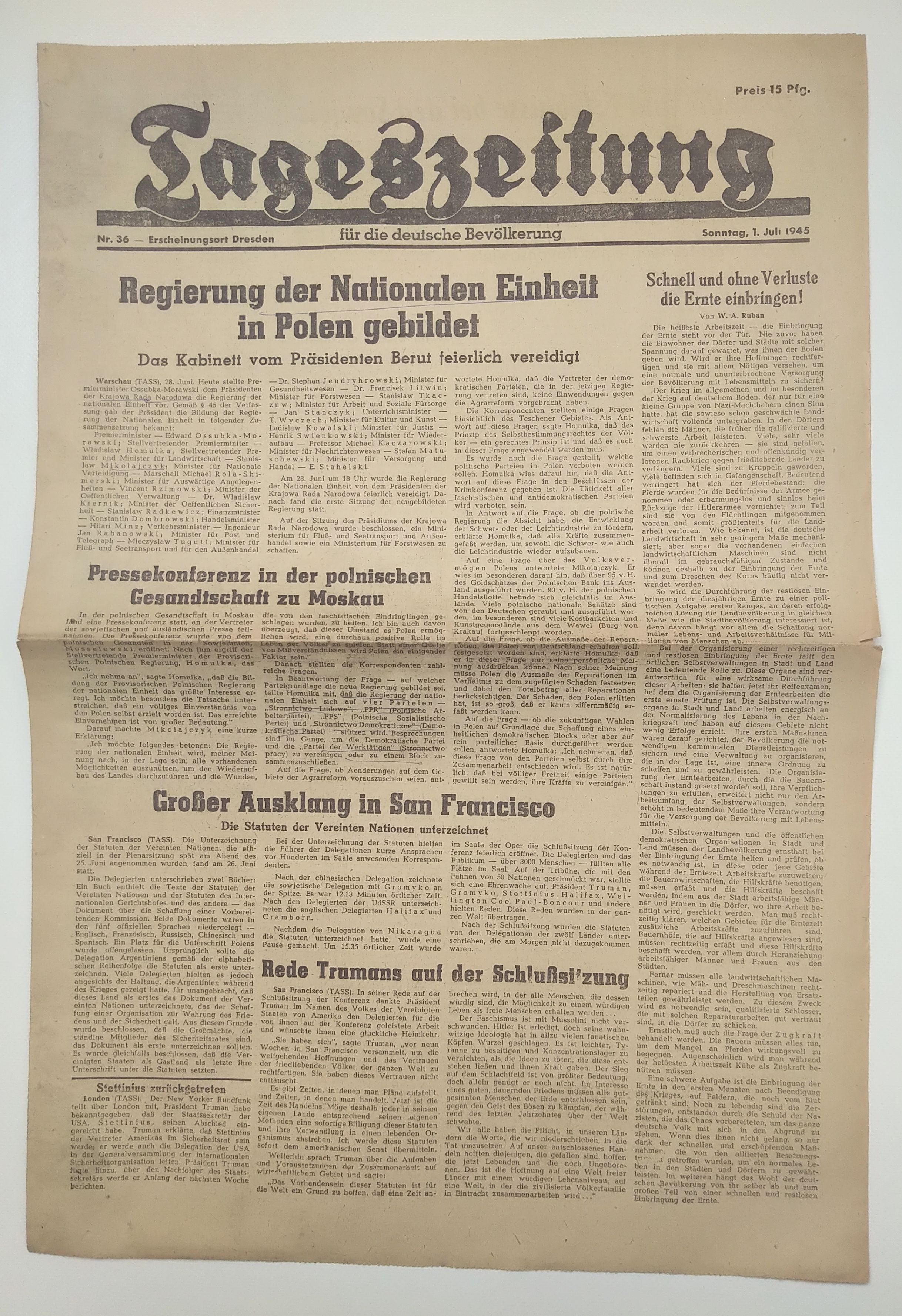 Tageszeitung Regierung Nationale Einheit Polen 1945 Nr 36