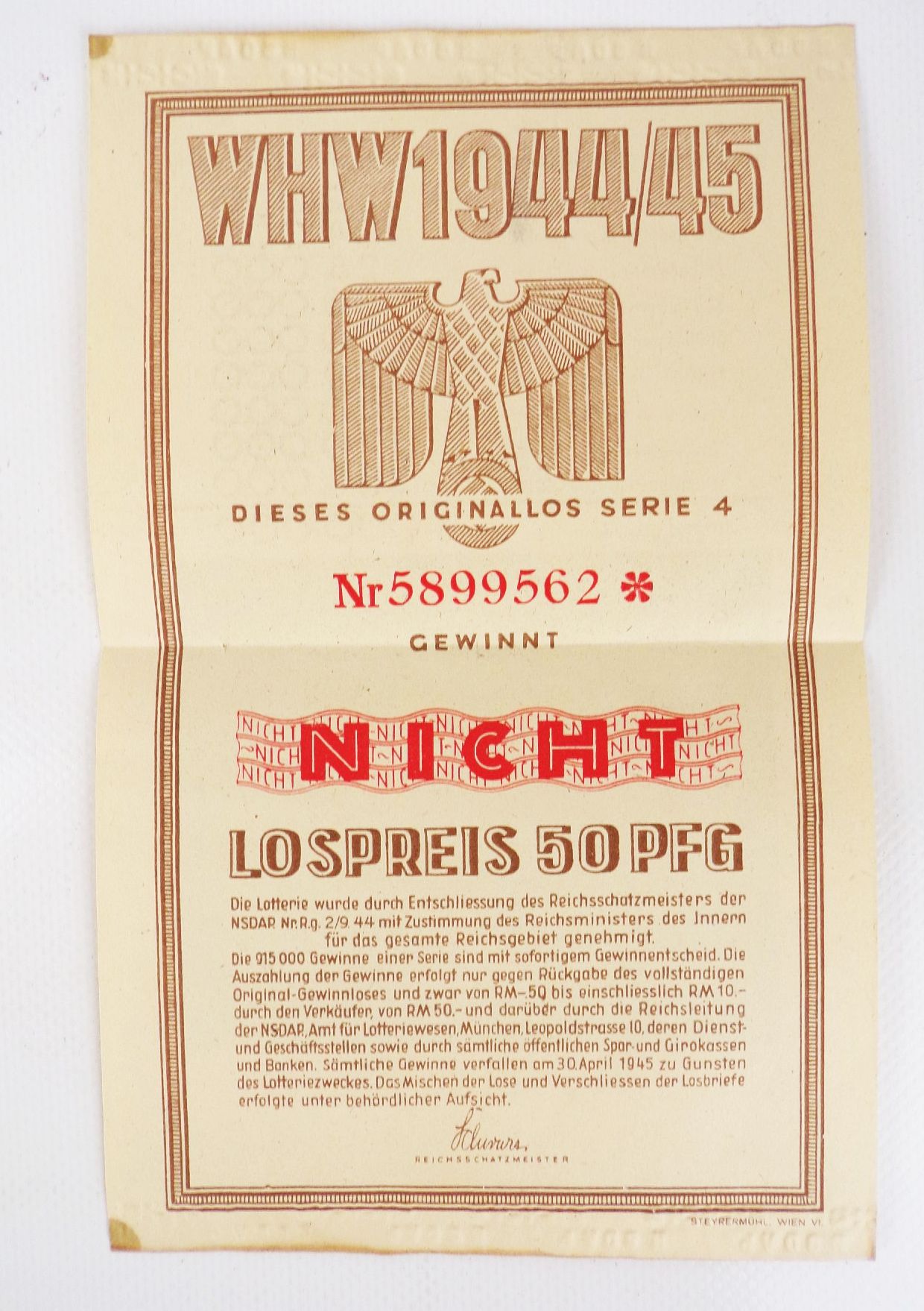 WHW Lotterielos 1944 1945 Winterhilfswerk des deutschen Volkes WHW Lotterielos 1944 1945 Winterhilfswerk des deutschen Volkes