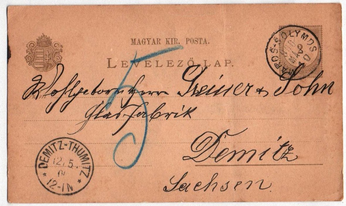 Ungarn Ganzsache 1900 an Glasfabrik Demitz Thumitz 