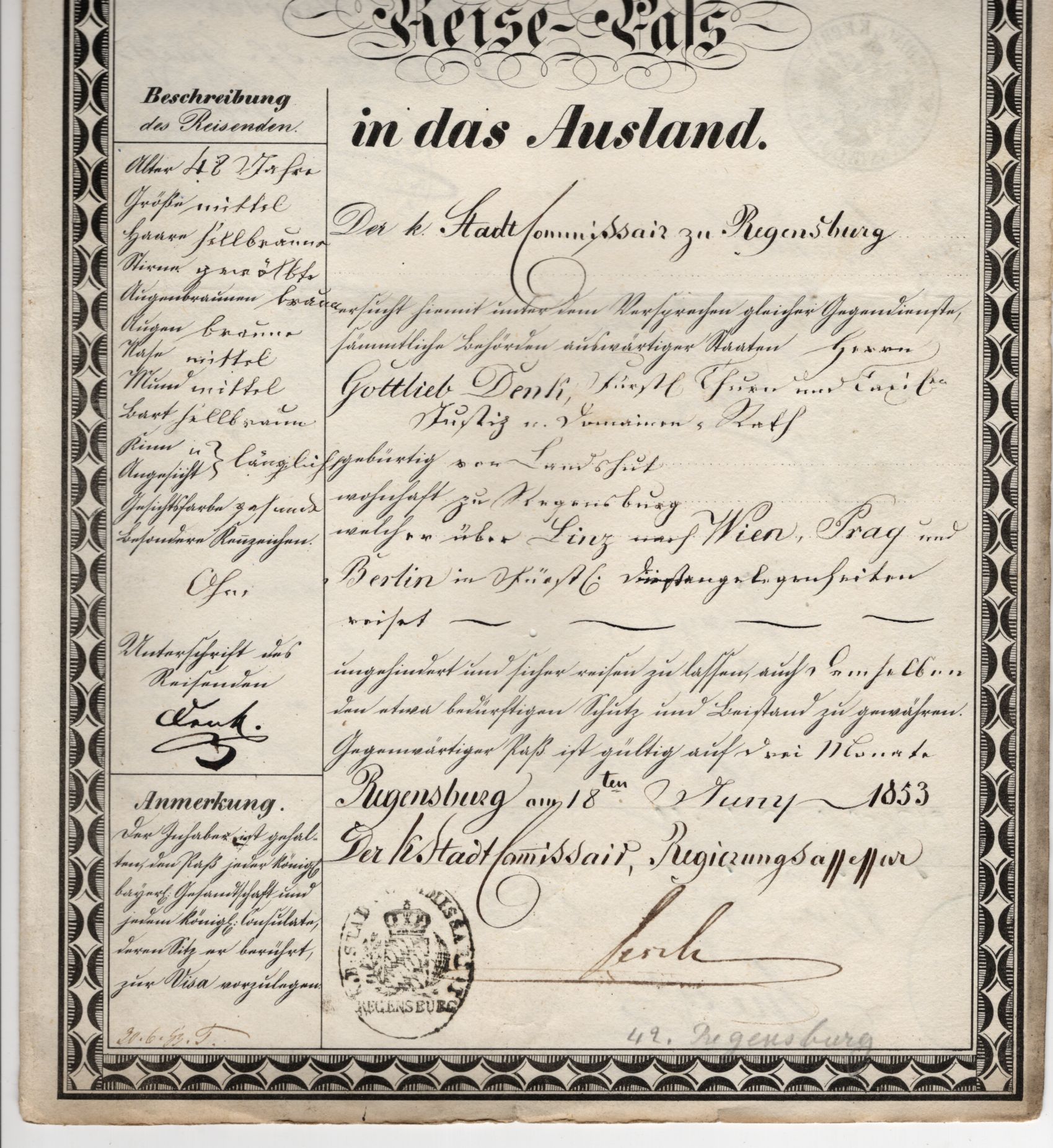 Königreich Bayern Reisepass 1853