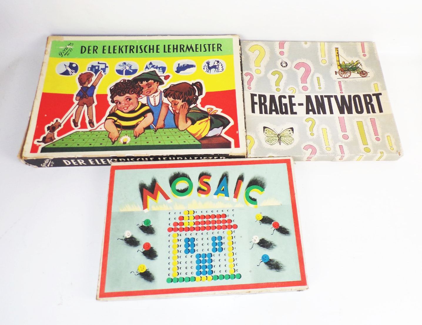 Alte Gesellschaftsspiele 3 Stück Frage Antwort Mosaik Der elektrische Lehrmeister