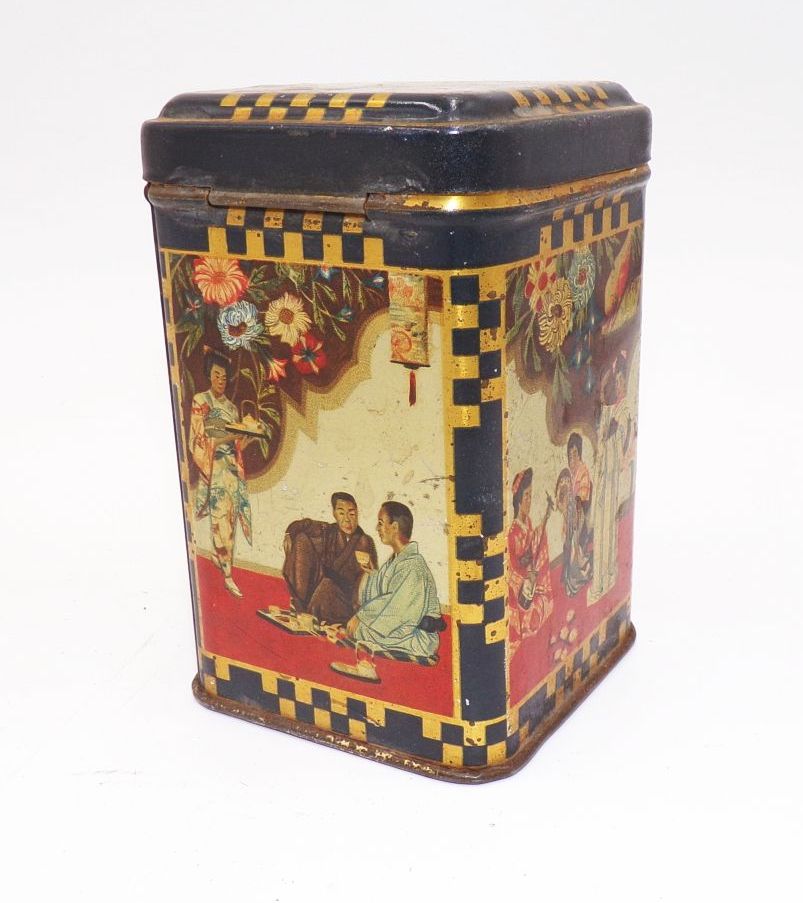 Teedose Asiatika Motiv um 1900 Antik Blechdose