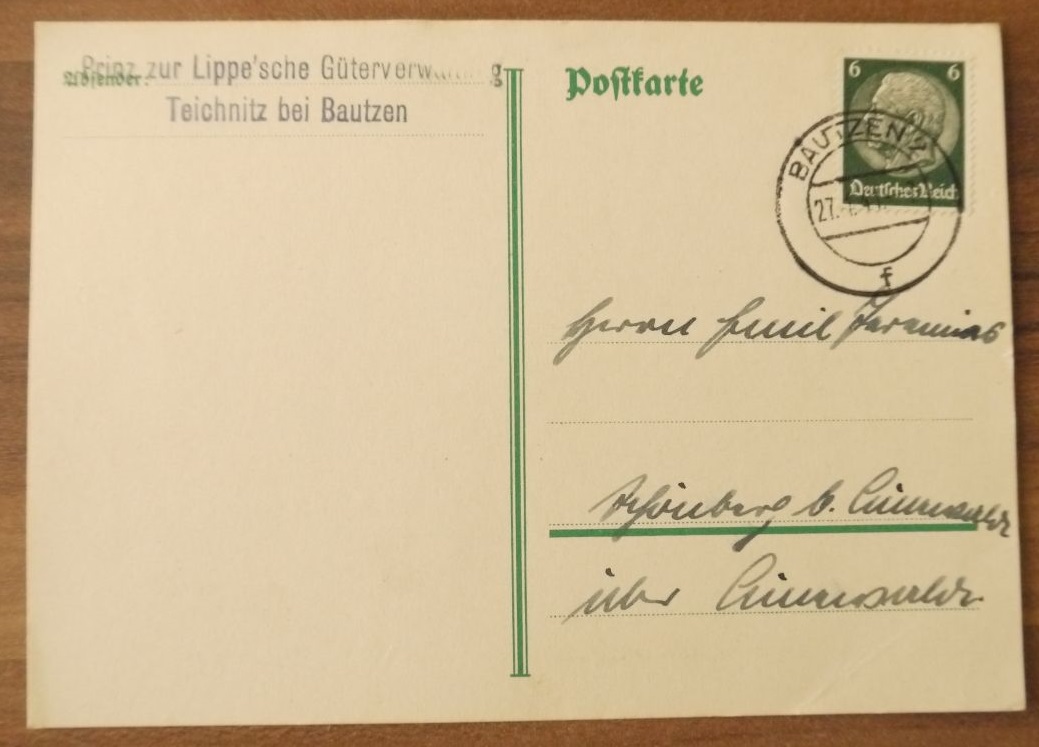 Postkarte Brief Prinz zur Lippeesche Güterverwaltung Teichnitz Bautzen Sachsen DR 1941