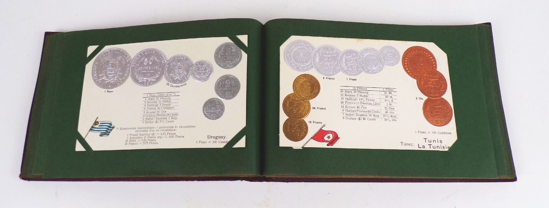 Geldsorten aller Länder Postkartenalbum Geld Münz Ansichtskarten um 1910 Rarität 45 Präge Ansichtskarten