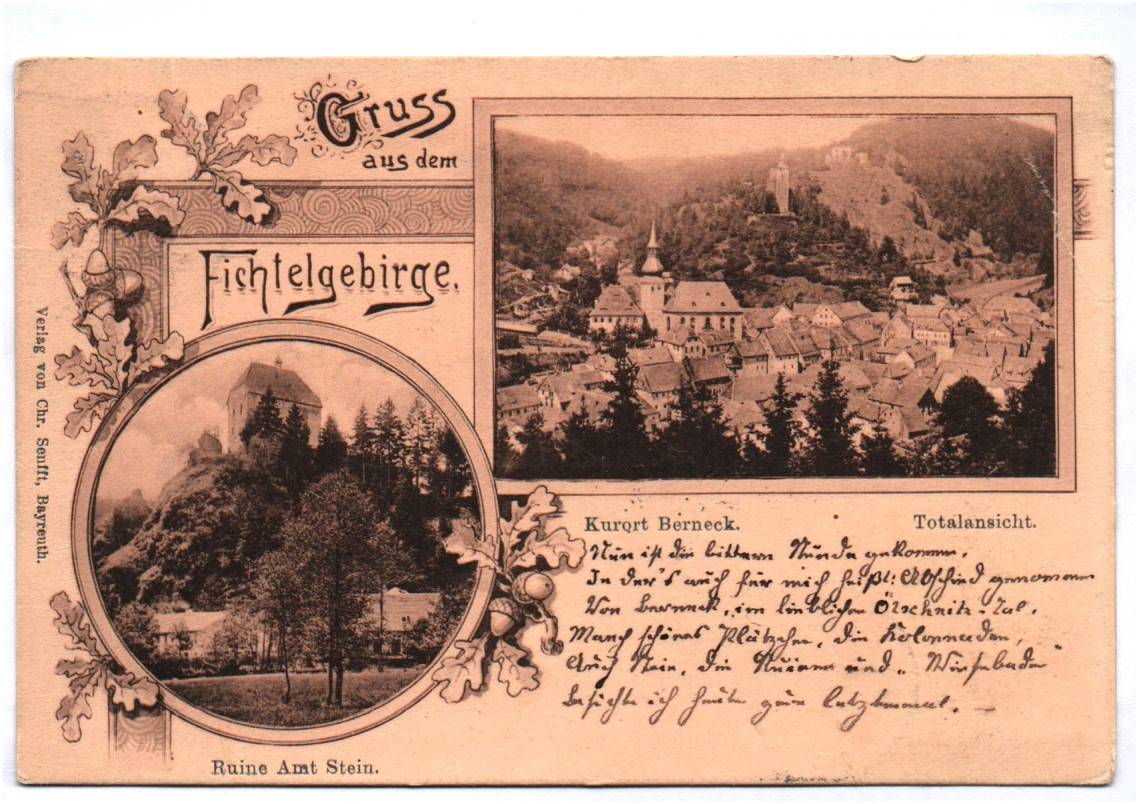 Litho Ak Gruss aus dem Fichtelgebirge Kurort Berneck Ruine Amt Stein 1904 Bayern