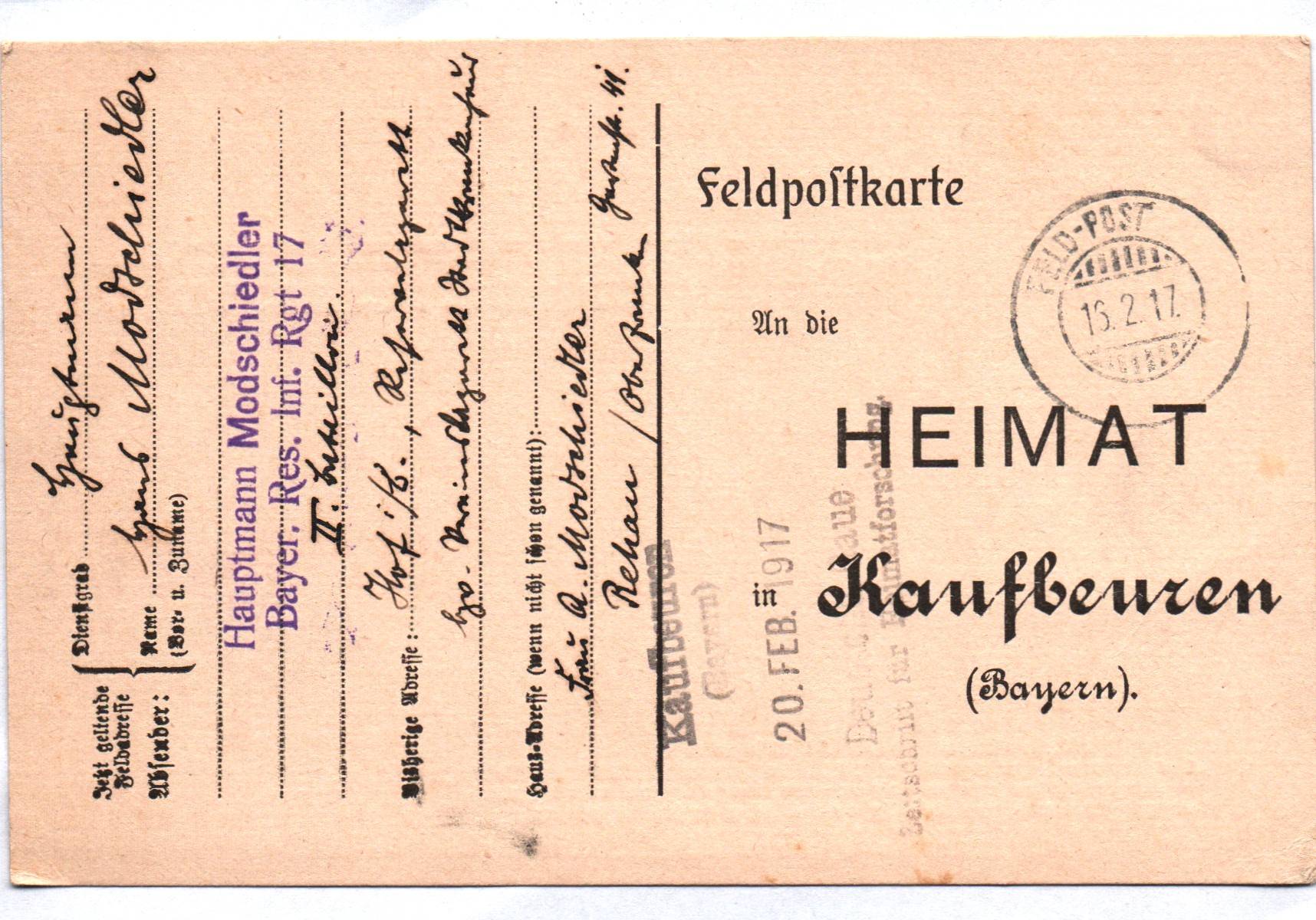 Feldpostkarte 1 Weltkrieg mit Stempel Hauptmann Modsiedler Bayer Res IR 17