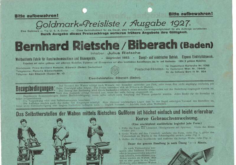 Lot Werbe Blätter Bernhard Rietsche Fabrik für Bienengeräte Biberach in Baden 1927