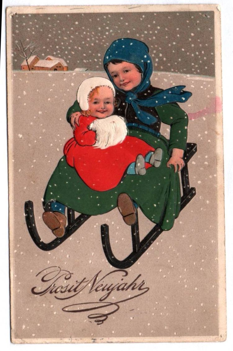 Präge Ak Kinder fahren Schlitten Prosit Neujahr 1906