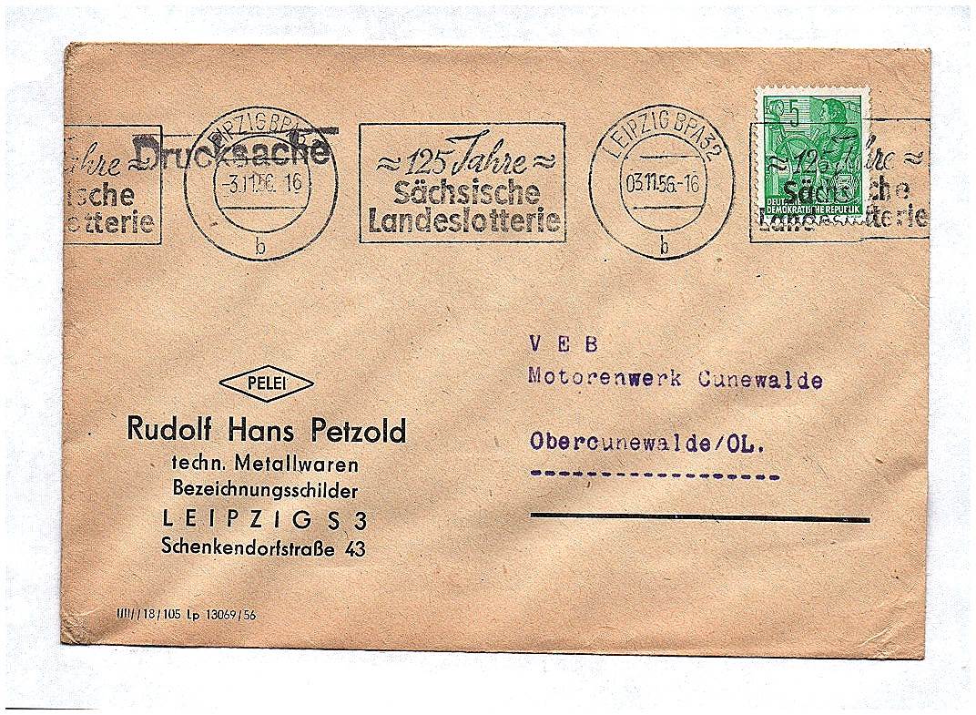 Drucksache Rudolf Hans Petzold Metallwaren Leipzig an VEB Motorenwerk Cunewalde 1956