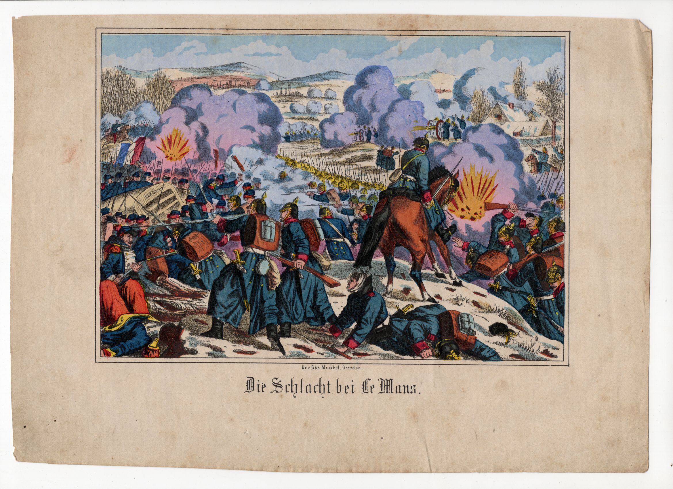 Alte handkolorierte Lithografie um 1870 Die Schlacht bei Le Mans Preußen