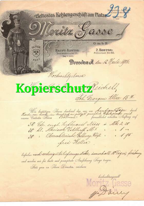 Rechnung Moritz Gasse ältestes Kohlen Geschäft Dresden 1906 Bergbau Litho 