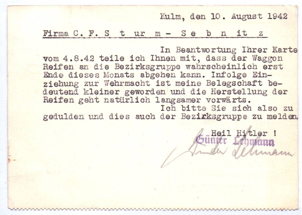 Postkarte Günter Lehmann Kulm Gau Danzig Faßreifenfabrik Weidenstock Schälerei 1942 Postkarte Günter Lehmann Kulm Gau Danzig Faßreifenfabrik Weidenstock Schälerei 1942
