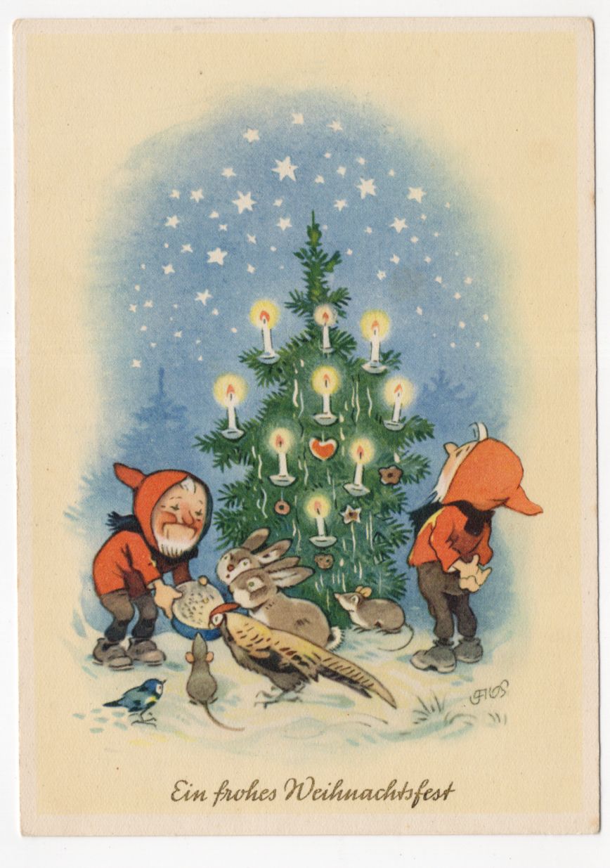 Ak Zwerge füttern Tiere Wichtel Fritz Baumgarten Weihnachtsfest 