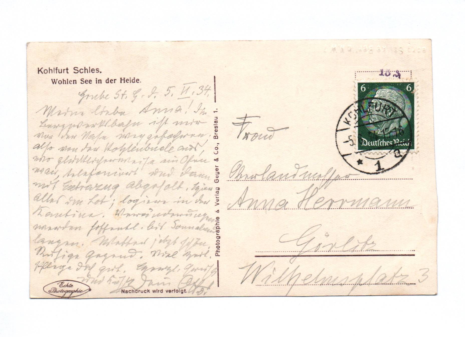 Foto Ak Kohlfurt Schlesien 1934 Wohlen See in der Heide