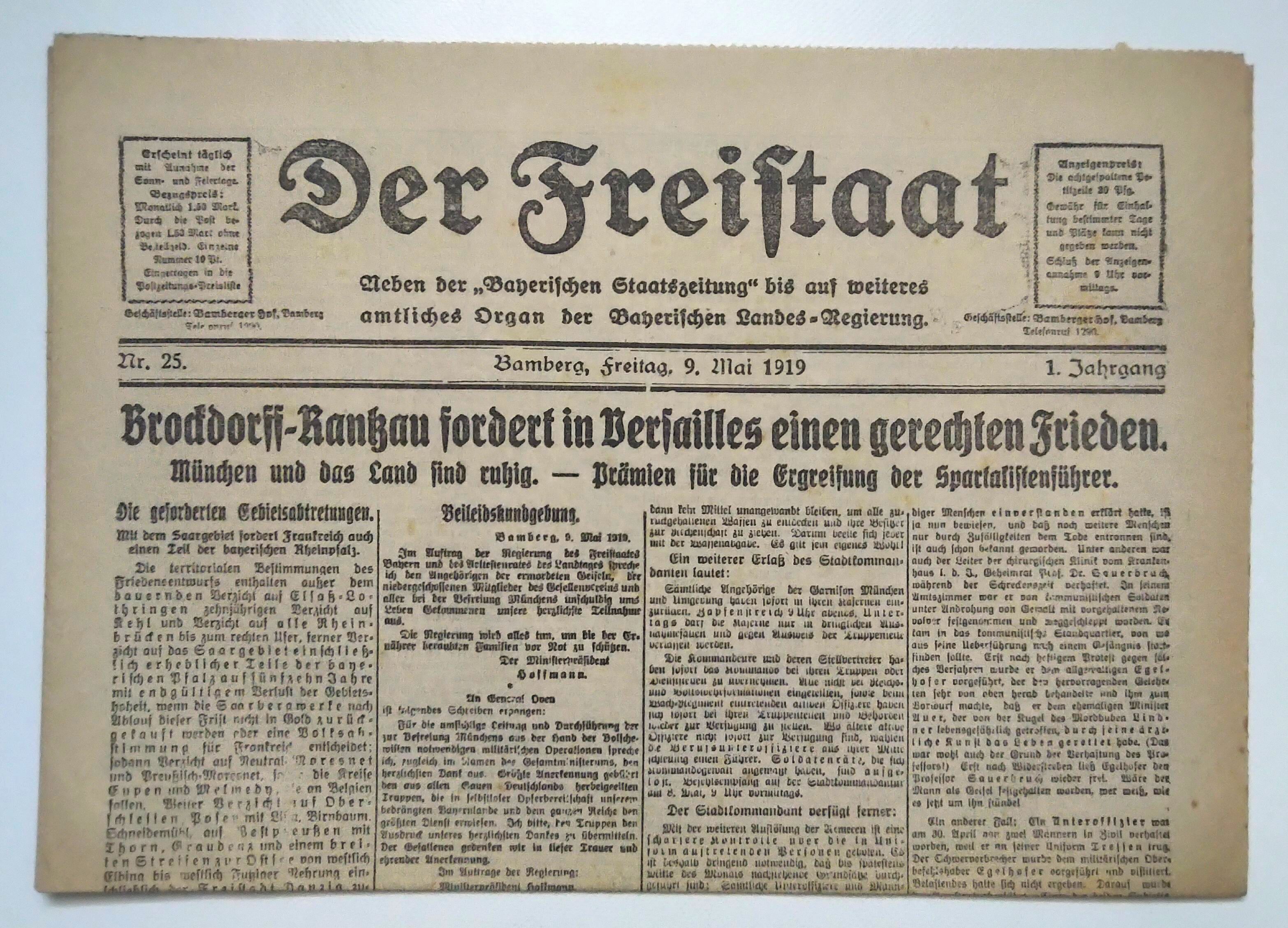 Der Freistaat 1919 Nr 25 Frieden in Versailles gefordert Zeitung