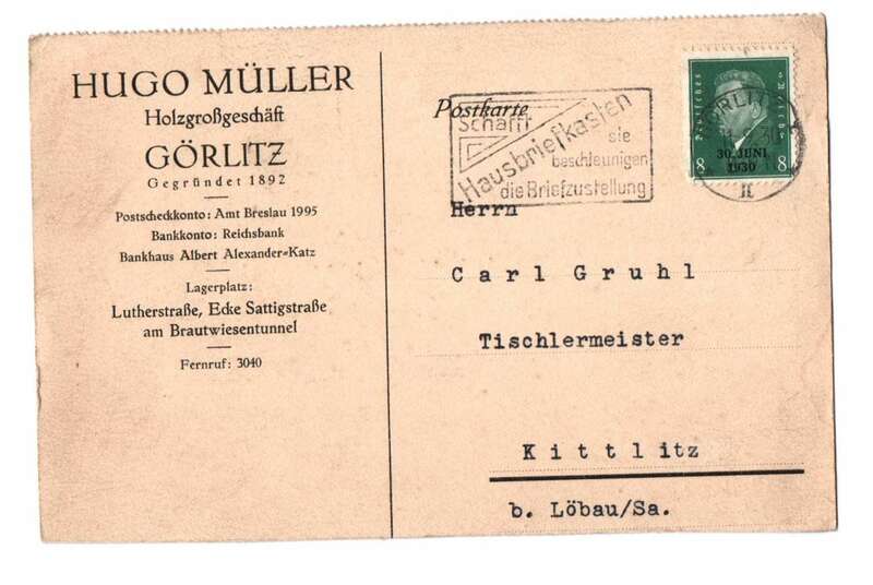 Postkarte Hugo Müller Holzgroßgeschäft Görlitz 1930 