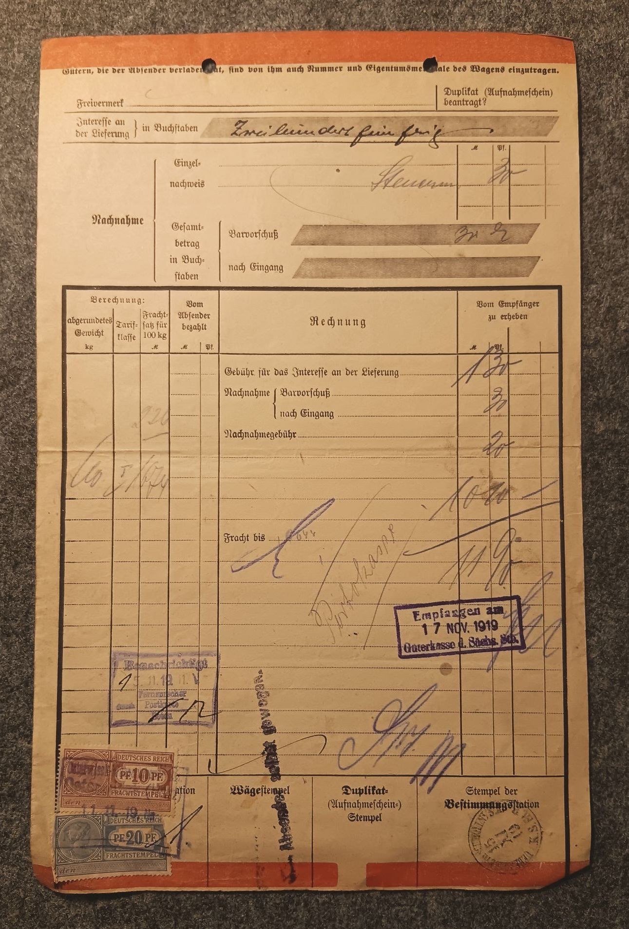 Eilfrachtbrief mit Marken 1919 Osterwieck Schmölln Königliche Eisenbahndirektion Hannover