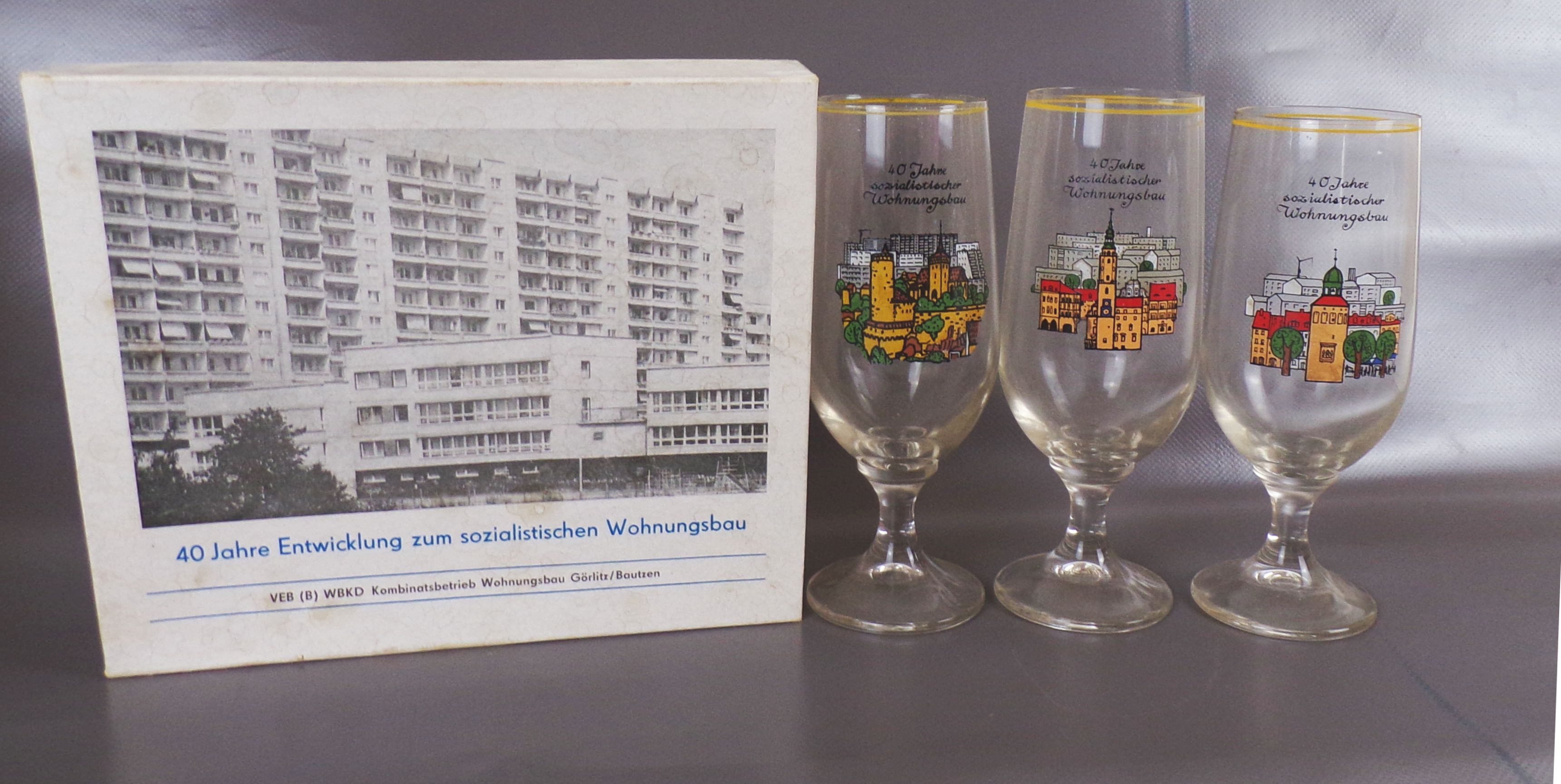 Andenken 40 Jahre Entwicklung sozialistischer Wohnungsbau Gläser Set Görlitz
