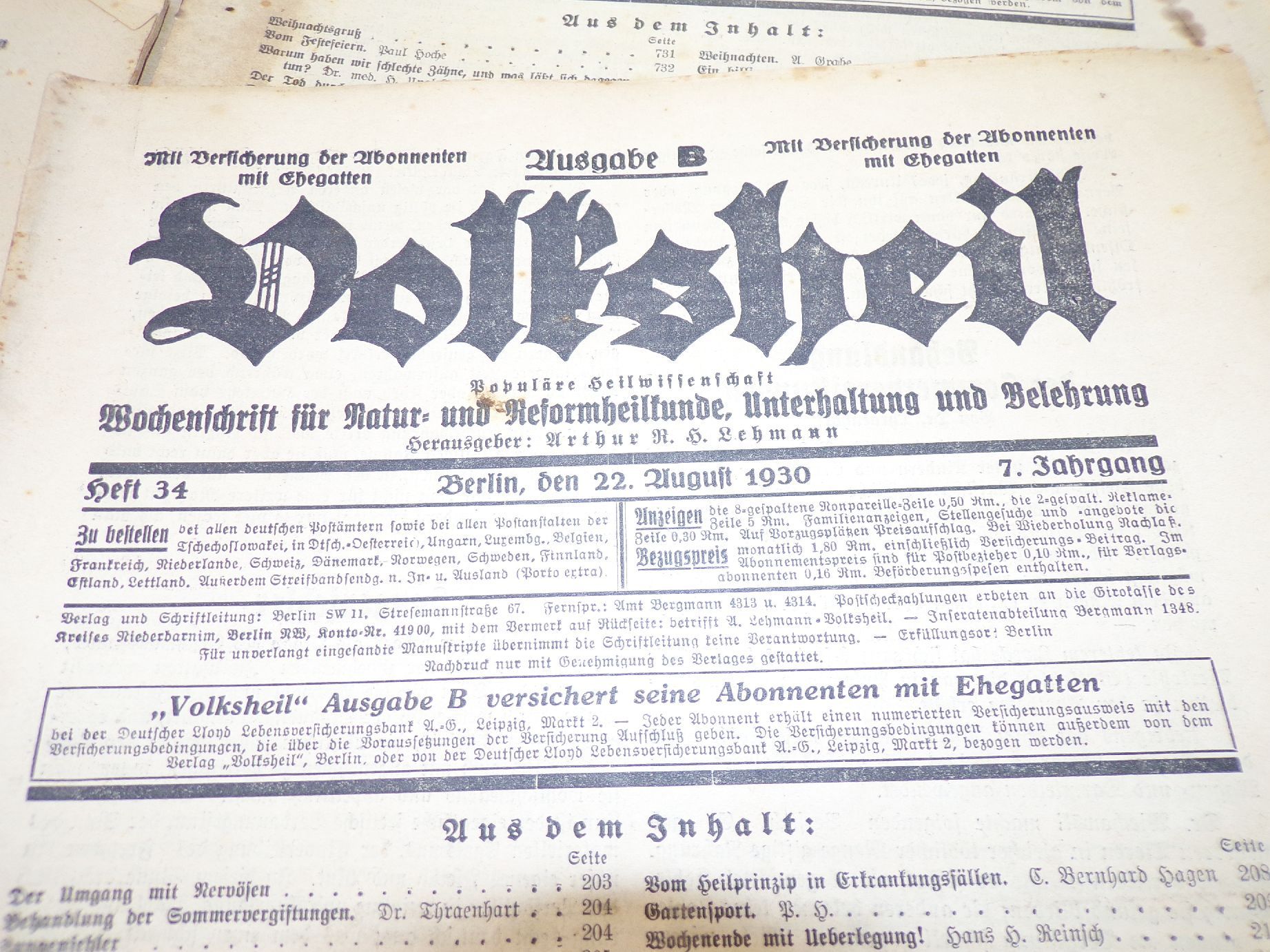 Volksheil 6 Stück Wochenschrift Gesundheit Reform Heilkunde Zeitung Medizin
