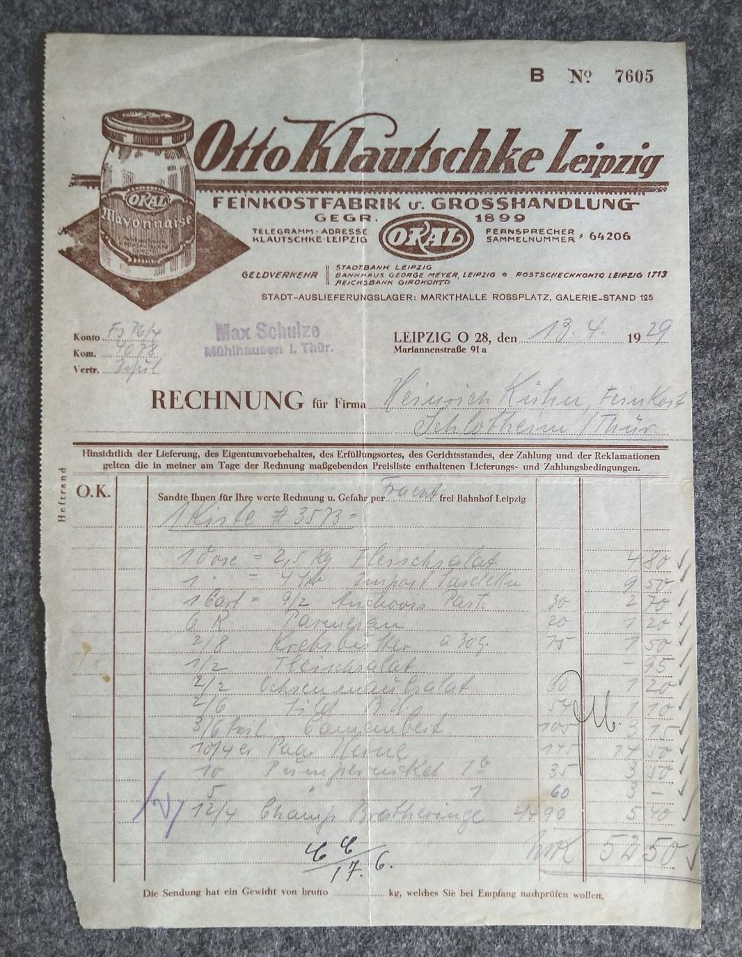 Rechnung Otto Klautschke Leipzig Feinkostfabrik Grosshandlung 1929 Rechnung Otto Klautschke Leipzig Feinkostfabrik Grosshandlung 1929