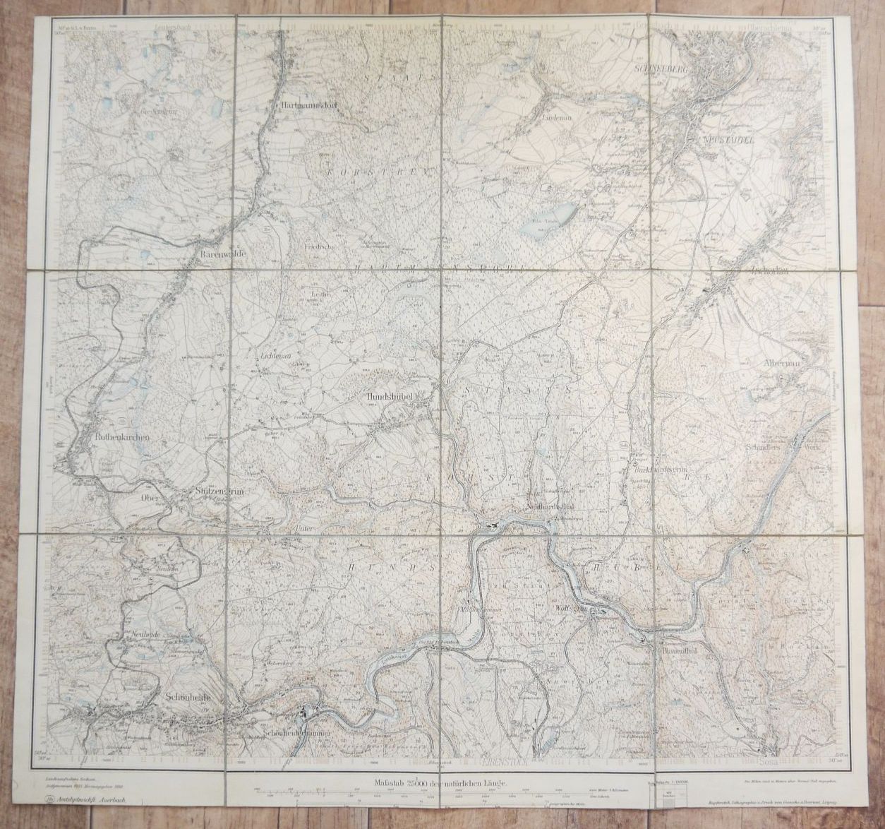 Alte Karte Schneeberg Sachsen Erzgebirge 1916 DR Leinen Landkarte