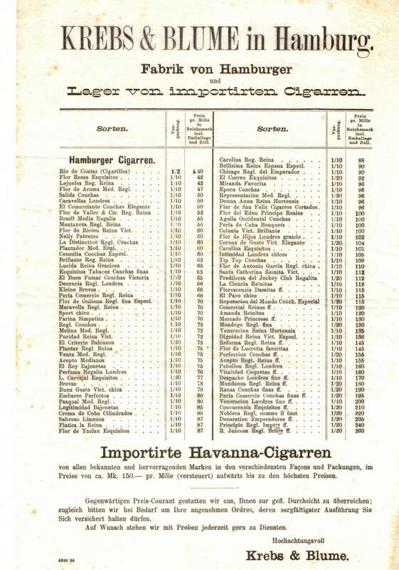 Krebs und Blume Hamburg Cigarren Lager Havanna Zigarren 1894 Liste Werbeblatt