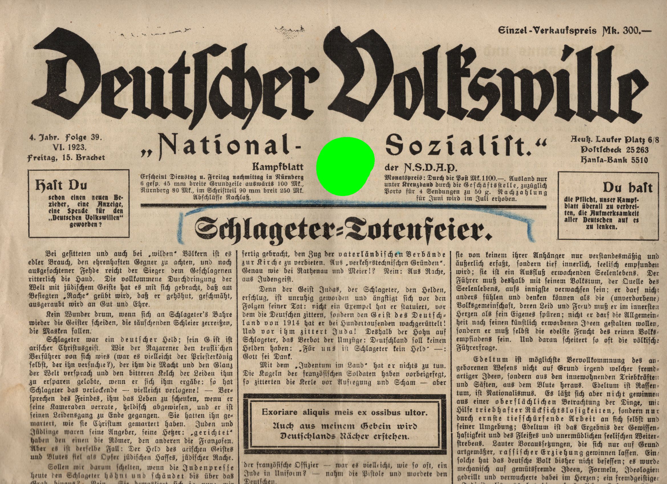 Deutscher Volkswille Zeitung 1923 Folge 39 NSDAP