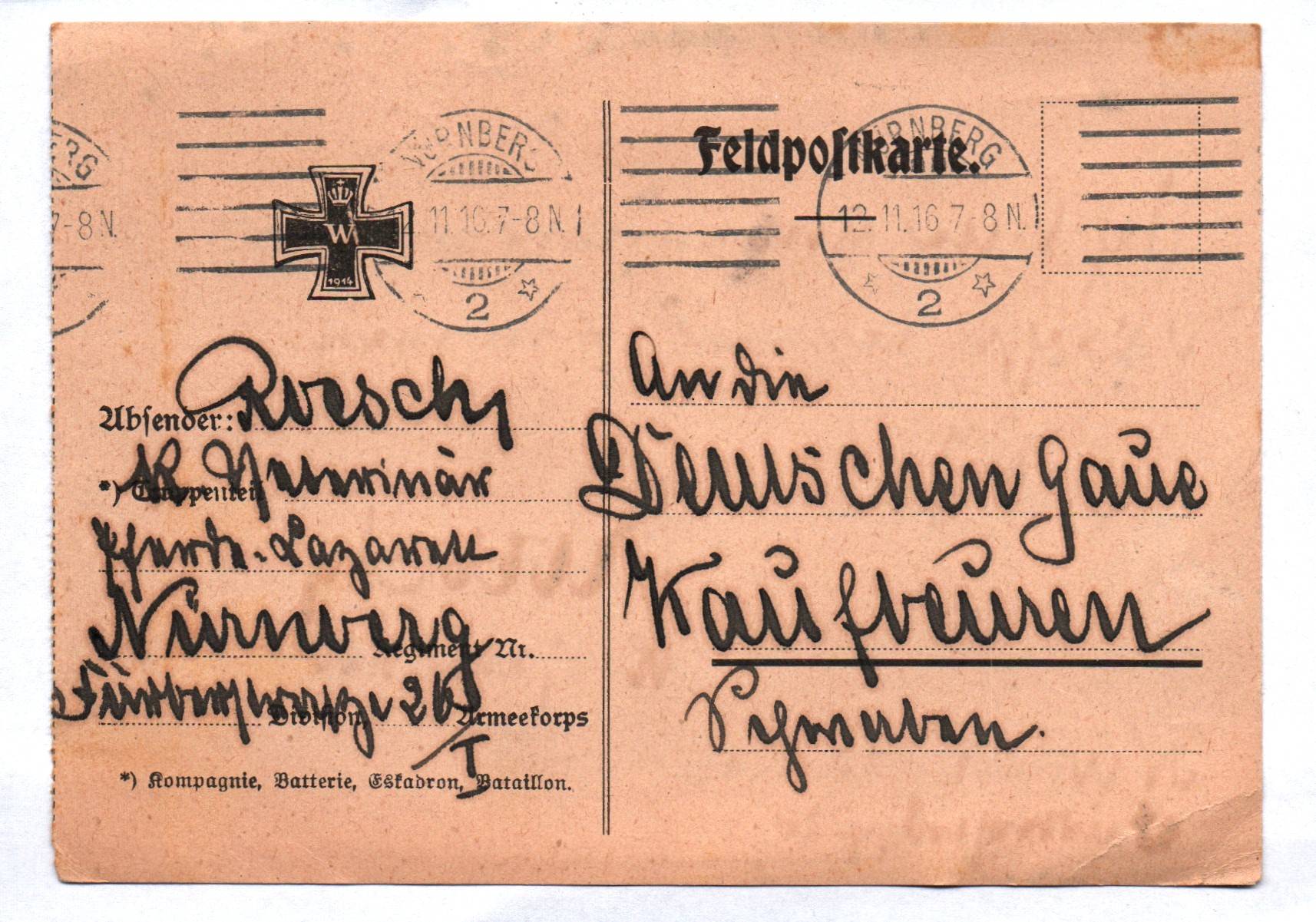 Feldpostkarte Pferde Lazarett Veterinär Nürnberg 1916