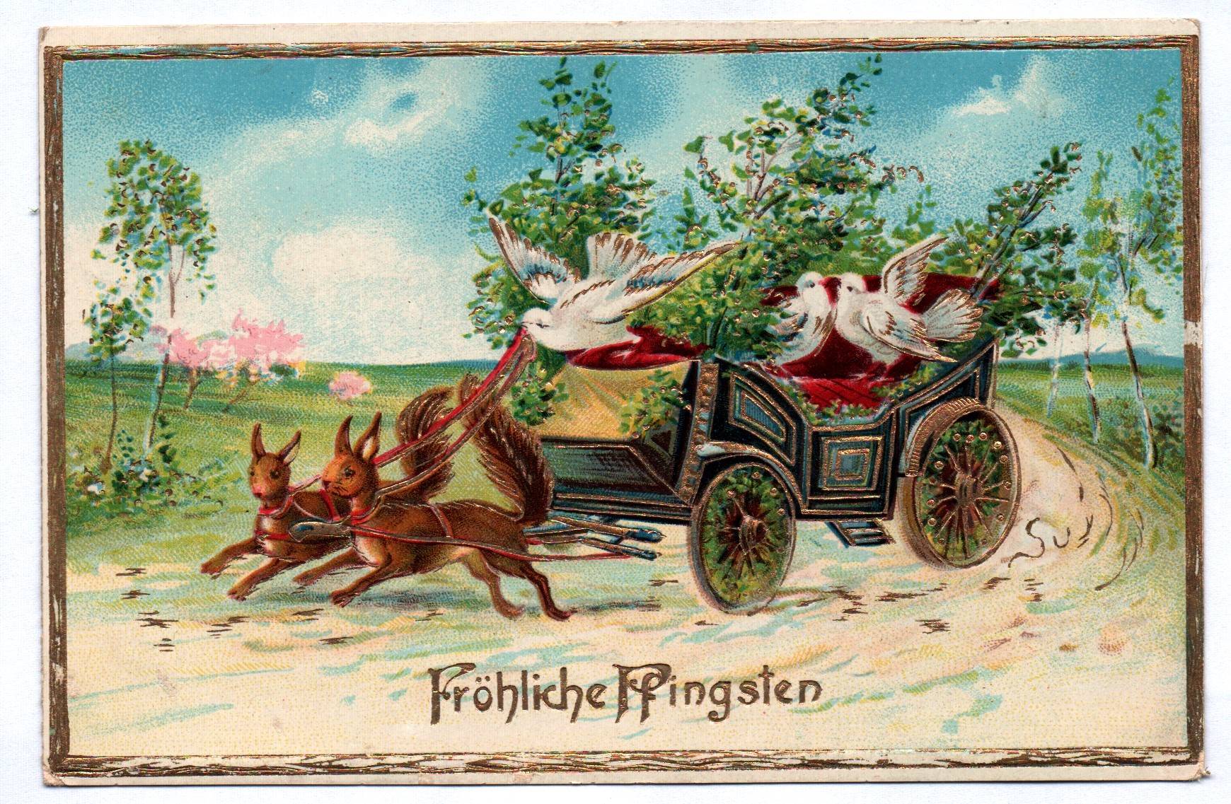 Künstler Ak Fröhliche Pfingsten Tauben auf Kutsche goldgeprägt