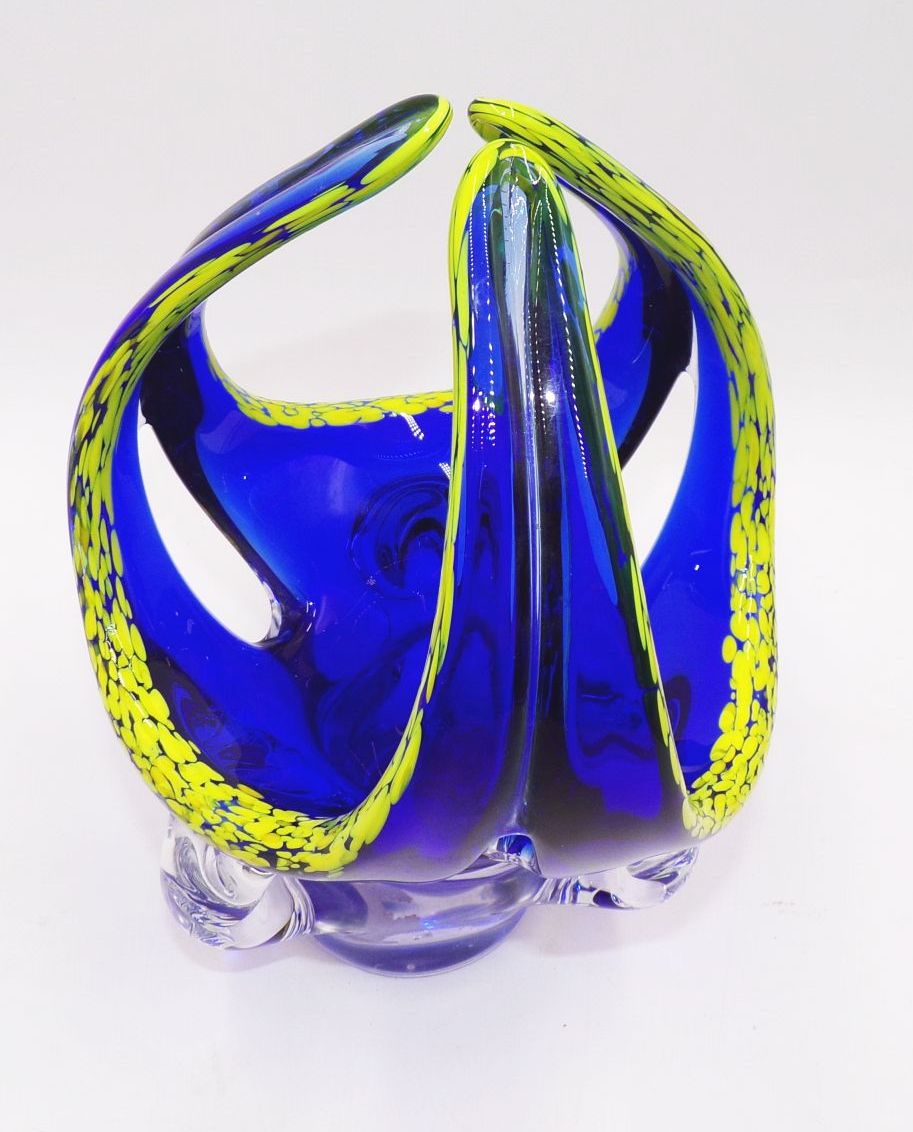 Alte Glaskorb Schale Glas blau gelb Alte Glaskorb Schale Glas blau gelb