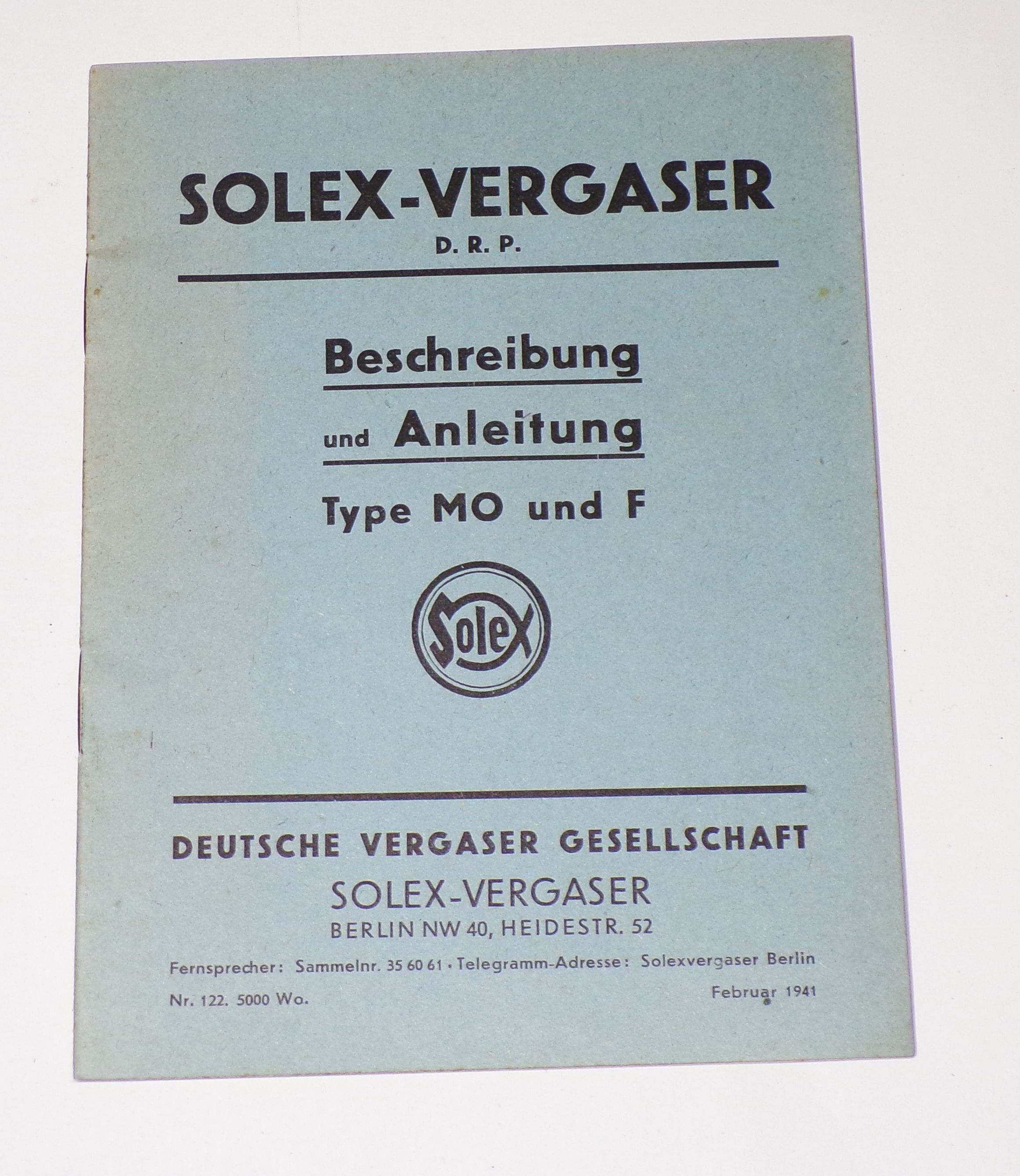 Solex Vergaser Beschreibung und Anleitung Type MO und F 1941 