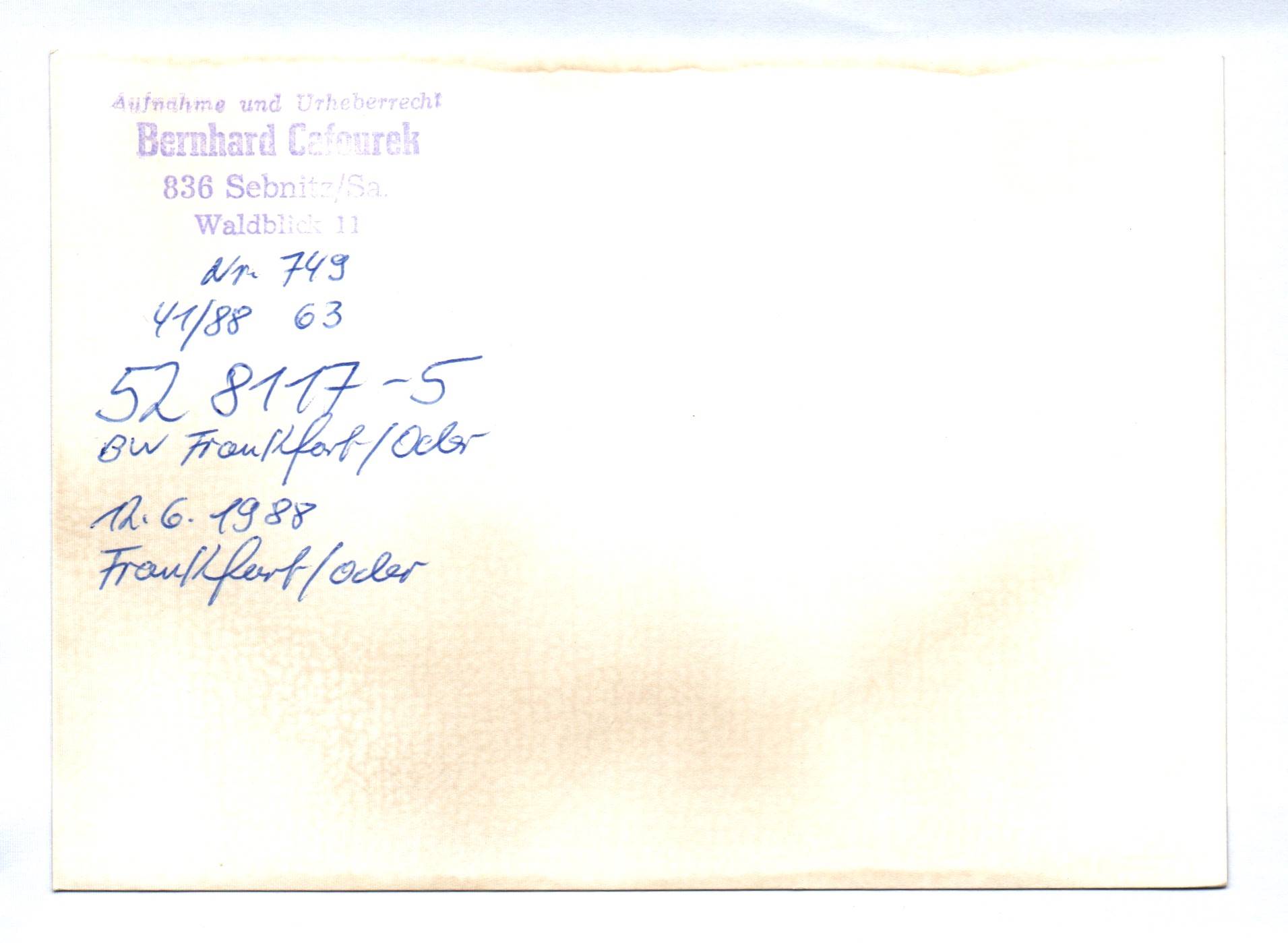 Foto 1988 Dampflok 52 8117-5 Bahnwerk Frankfurt Oder