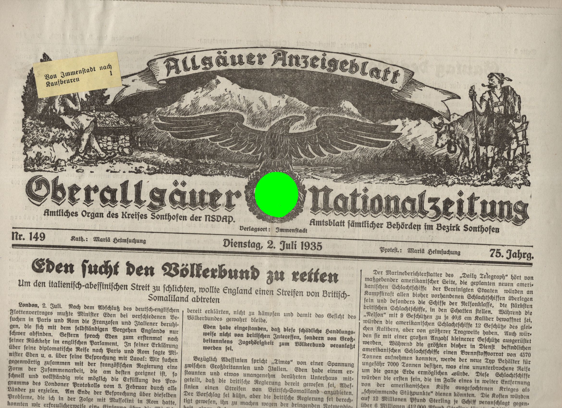 Oberallgäuer Nationalzeitung 1935 Nummer 149 Allgäuer Anzeigeblatt Tageszeitung