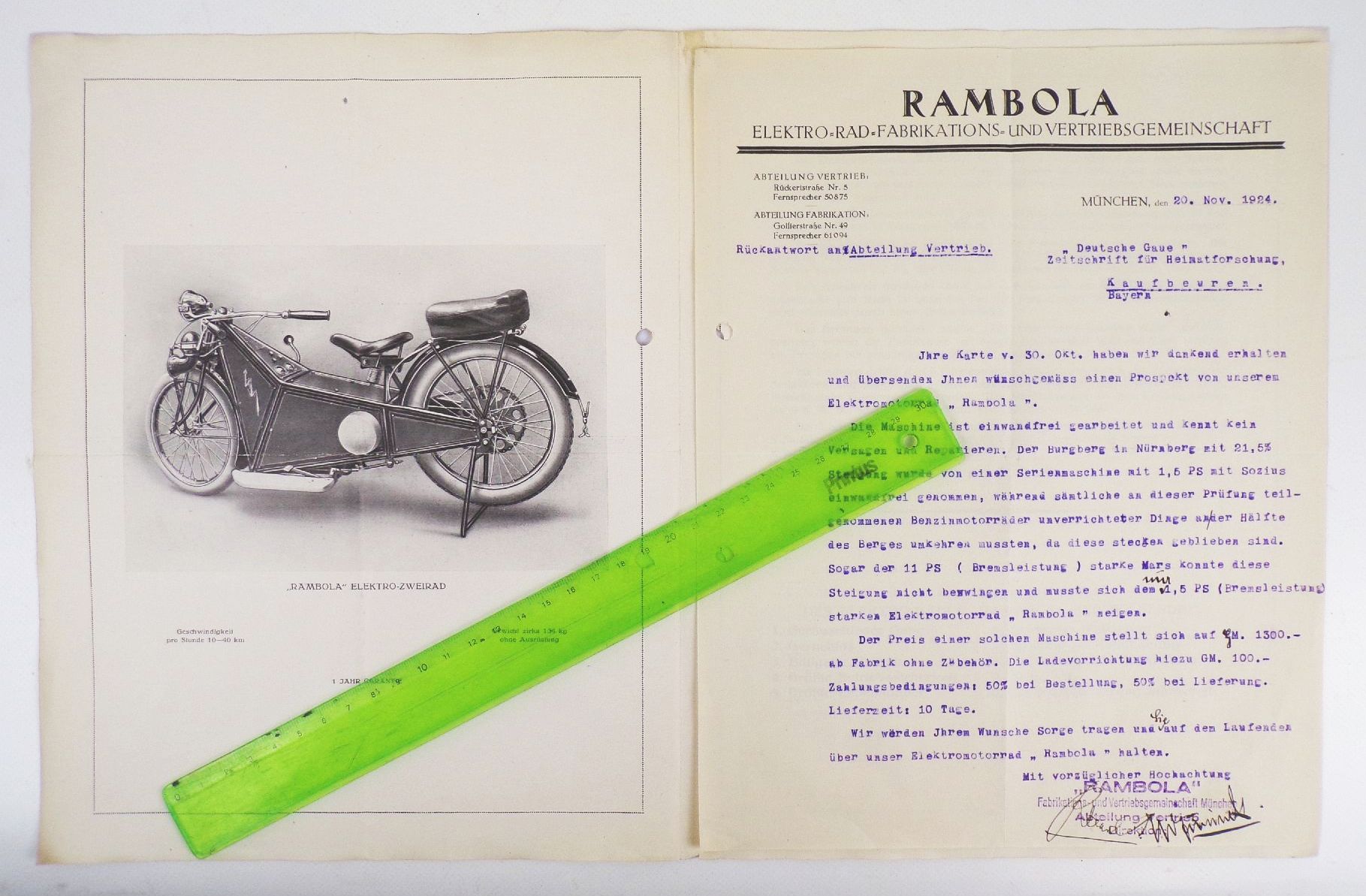 Rambola DRP Elektro Zweirad München Oldtimer 1924 Motorrad Reklame