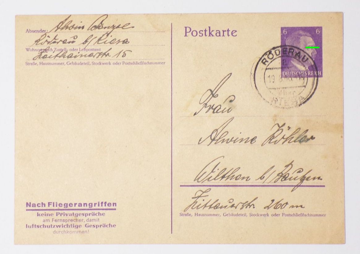 Ganzsache P312/06 Röderau 1943 nach Wilthen 