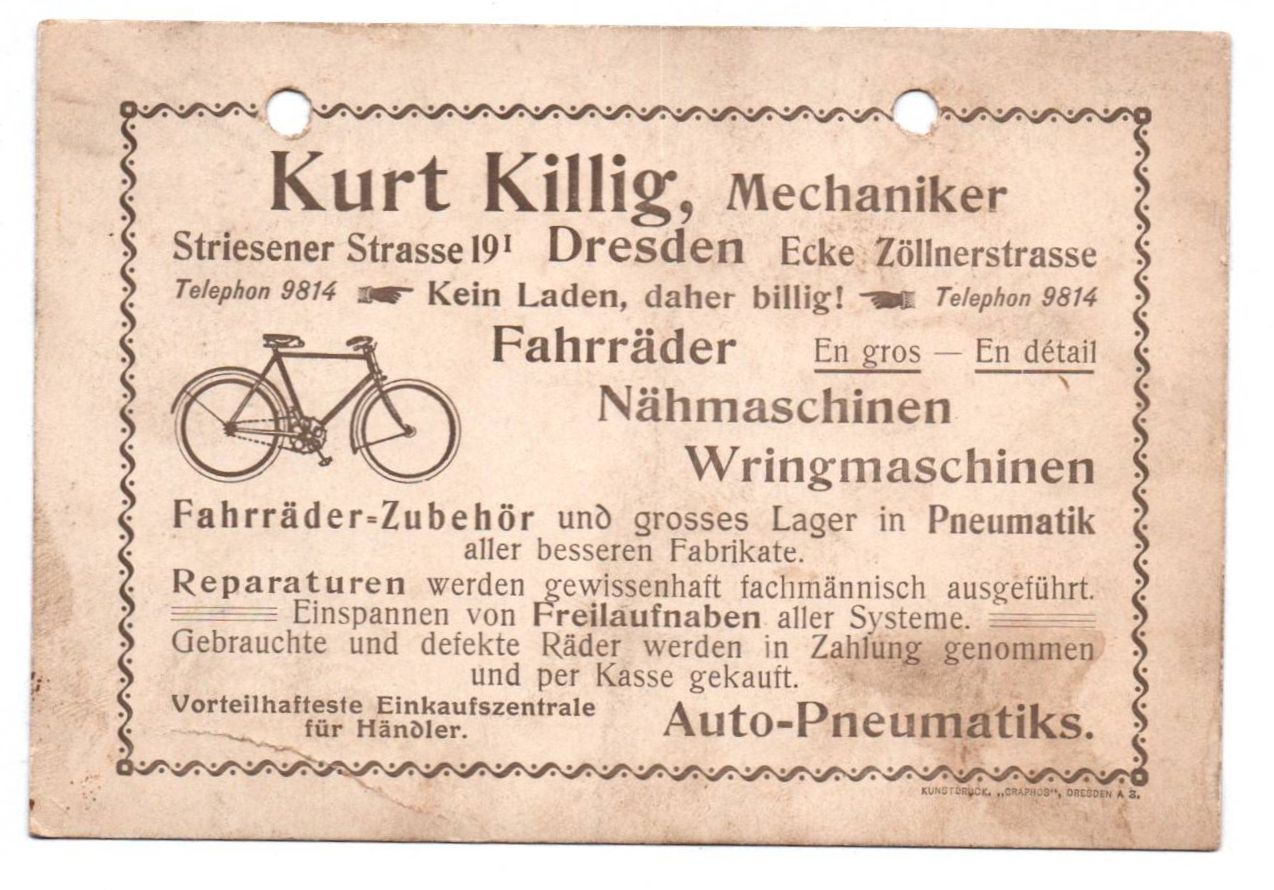 Nota Kurt Killig Mechaniker Dresden Striesener Straße Fahrrad 1911 Reklame