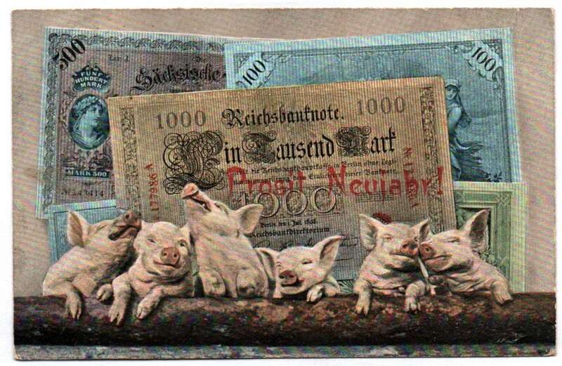 Postkarte Schweine mit Geldscheinen Kaiserreich 1907