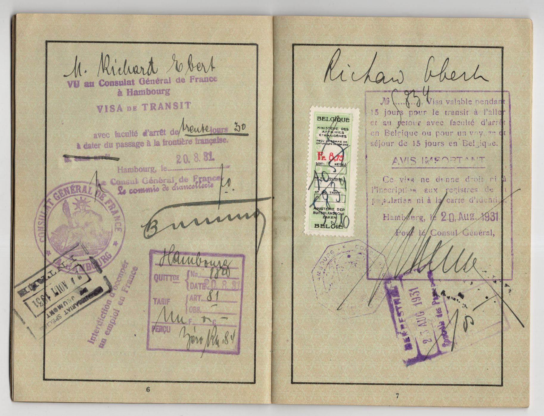 Deutsches Reich Reisepass 1931 Hamburg 