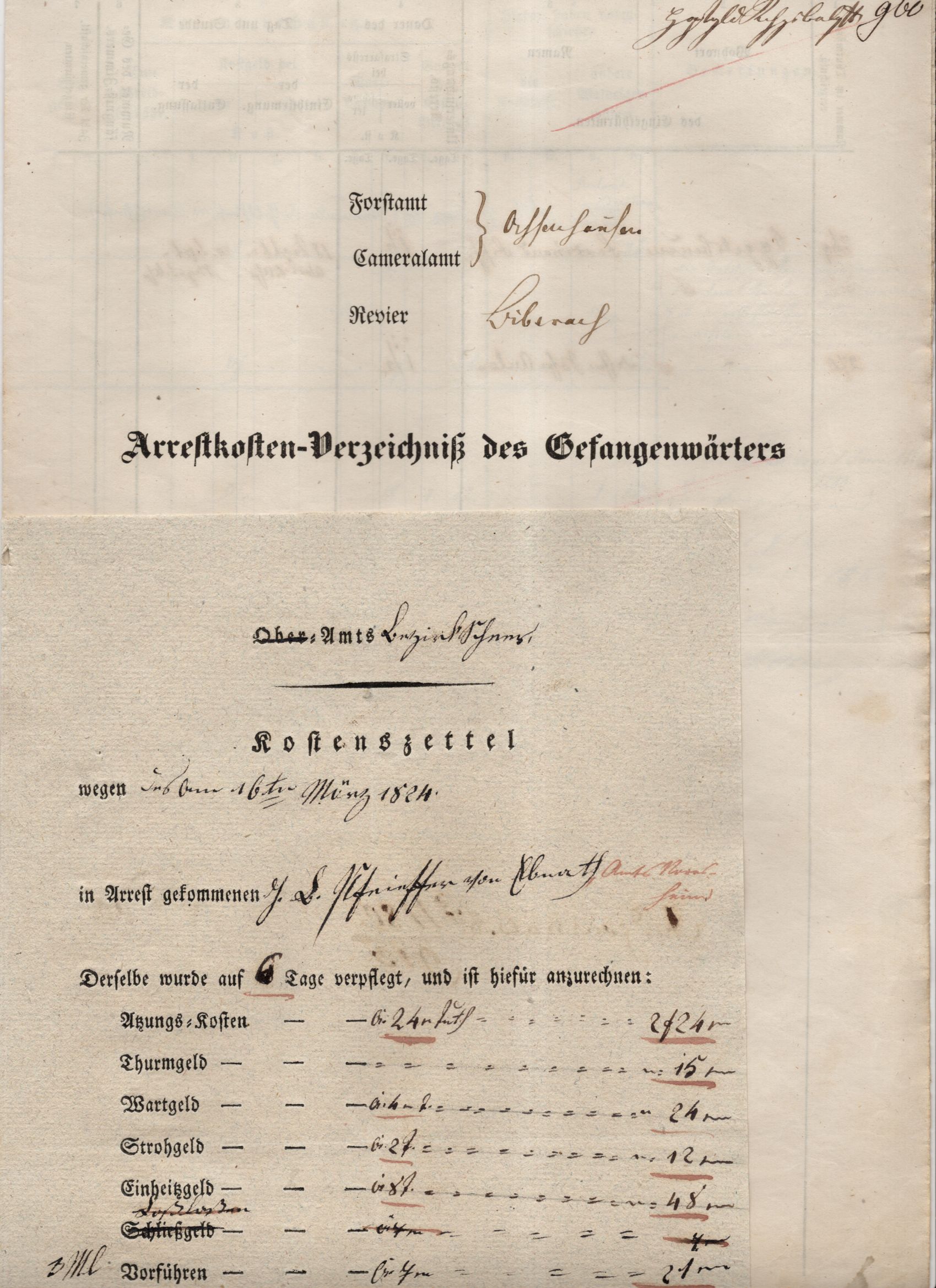 Dokumente Arrestkosten Gefängnis 1824 bis 1856 Zwiefalten Kostenzettel