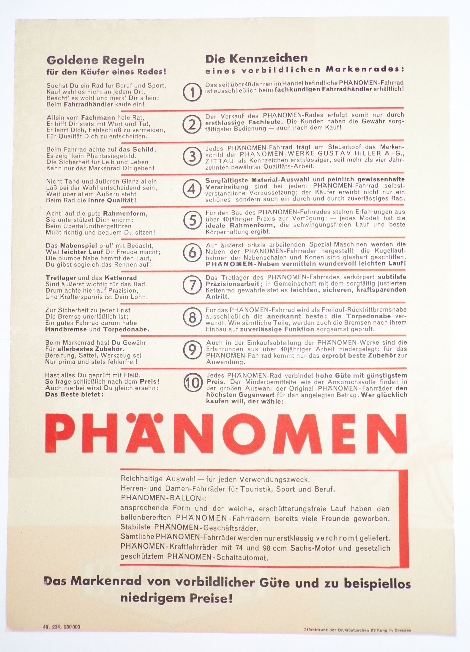 Phänomen Fahrrad Reklame Blatt Druck 1949 bicycle Druck