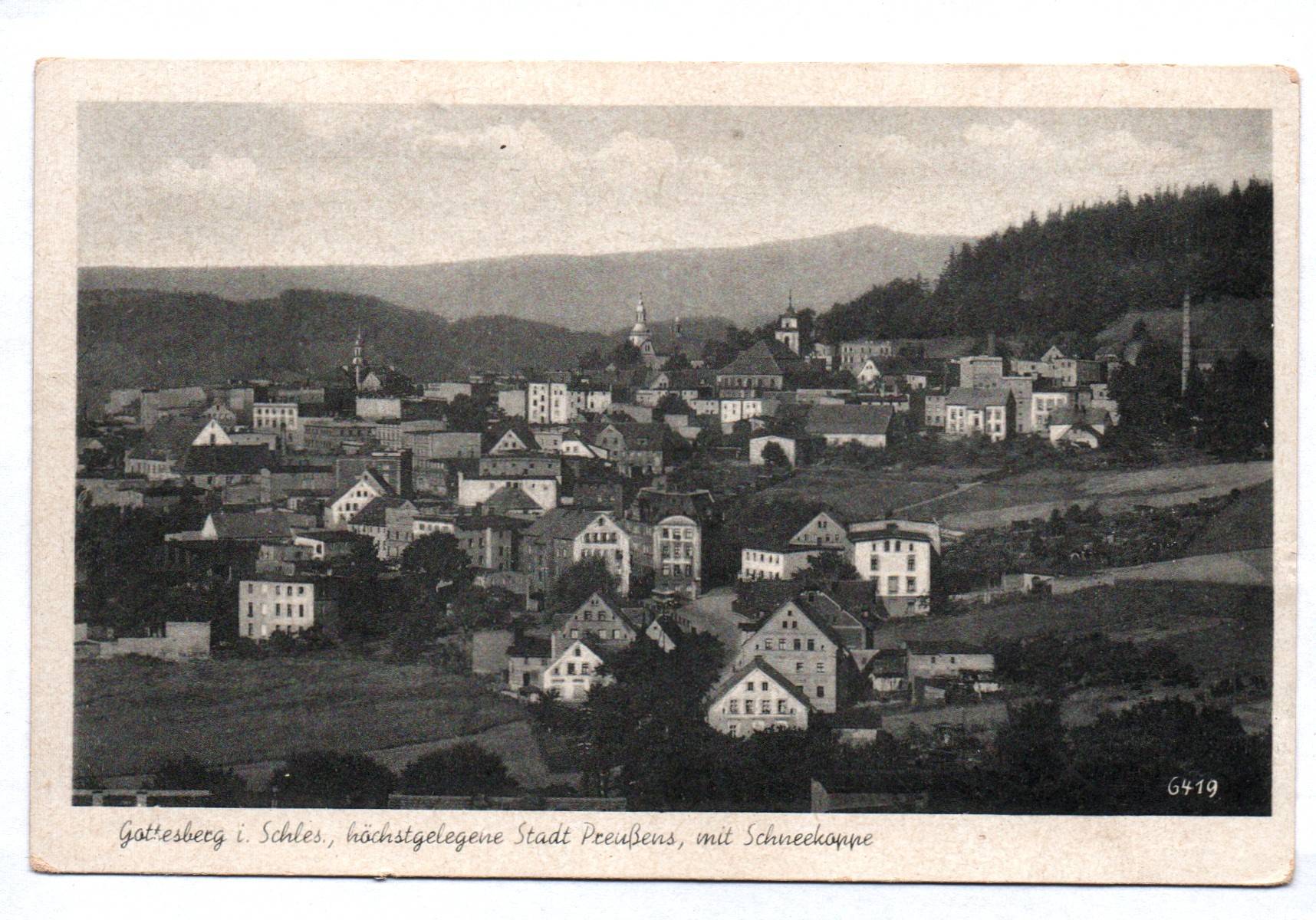 Ak Gottesberg in Schlesien höchstgelegene Stadt Preußens mit Schneekoppe 